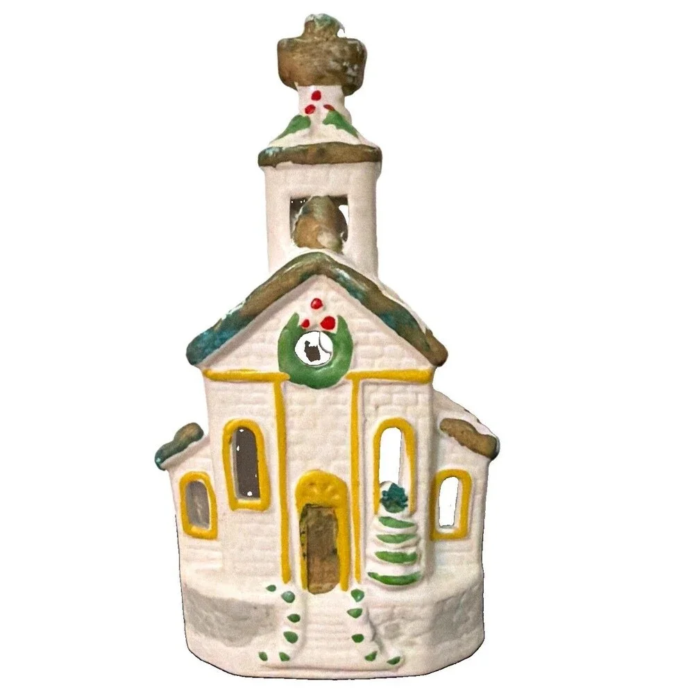 Ceramic Christmas Church Tea Light Candle Holder, Painted White Small 6 in